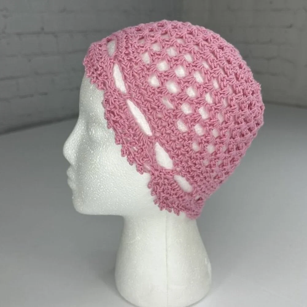 Created by Cyd Juliet‎ Pink Crochet Beanie Cotton Open Weave Scalloped Hat NEW